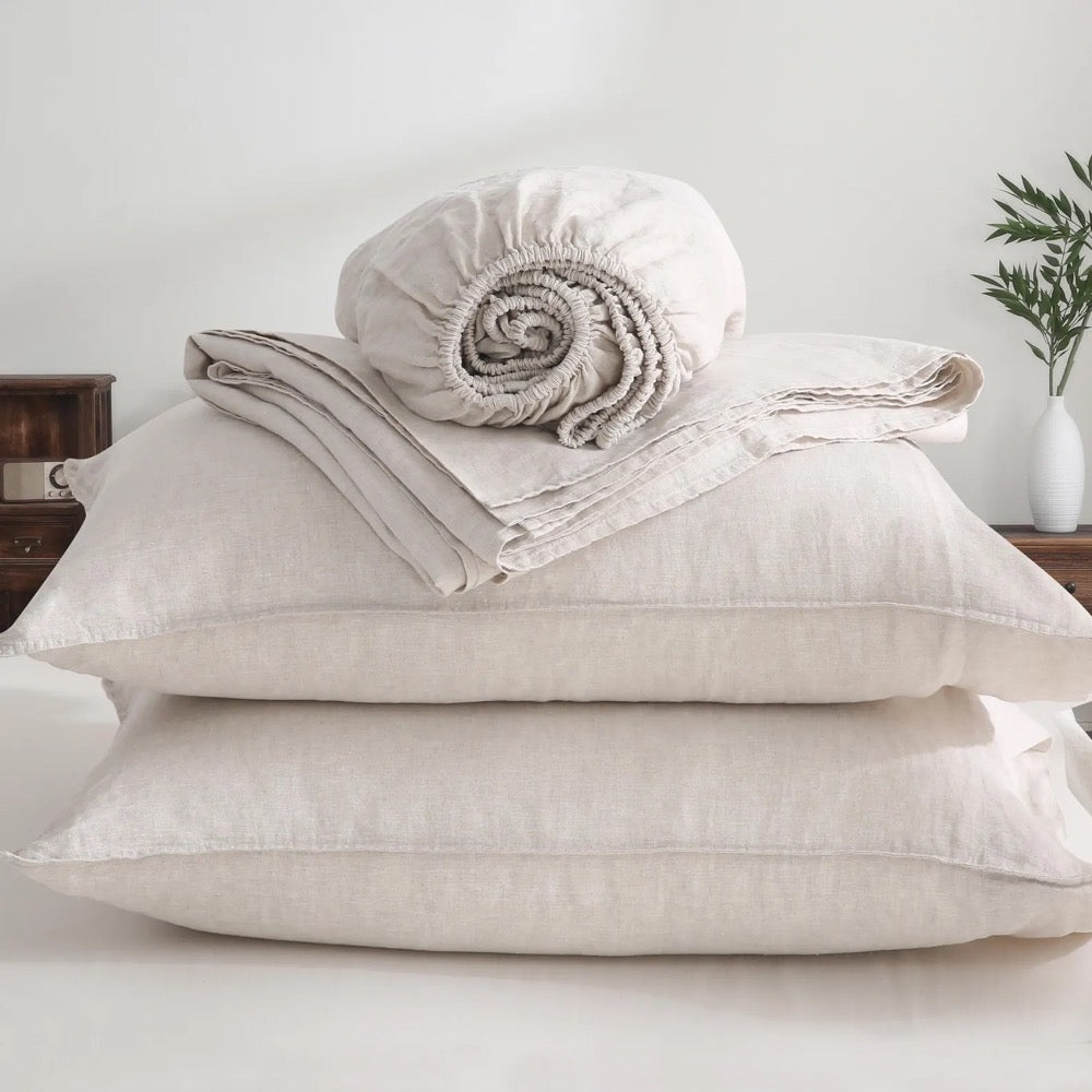 100% Linen Sheets set 4P (1 Fitted Sheet 1 Flat Sheet 2 Pillowcases), 3P (1 Fitted Sheet 2 Pillowcases) & 3P