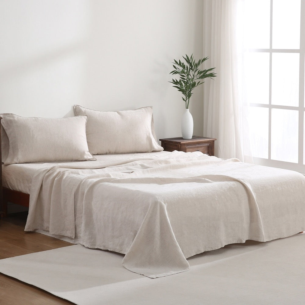 100% French Linen Bedding Sheets Set 4 Pieces (1 Fitted Sheet 1 Flat Sheet 2 Pillowcases) - Soft