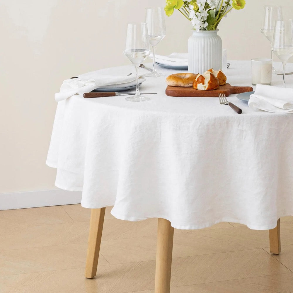 Round French Linen Tablecloth: Natural Stonewashed Flax, 90'' DIA