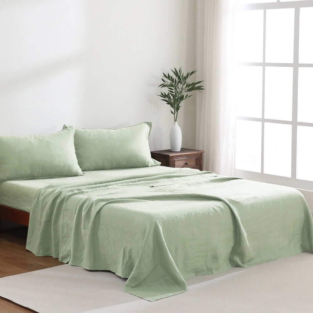 100% French Linen Bedding Sheets Set 4 Pieces (1 Fitted Sheet 1 Flat Sheet 2 Pillowcases) - Soft