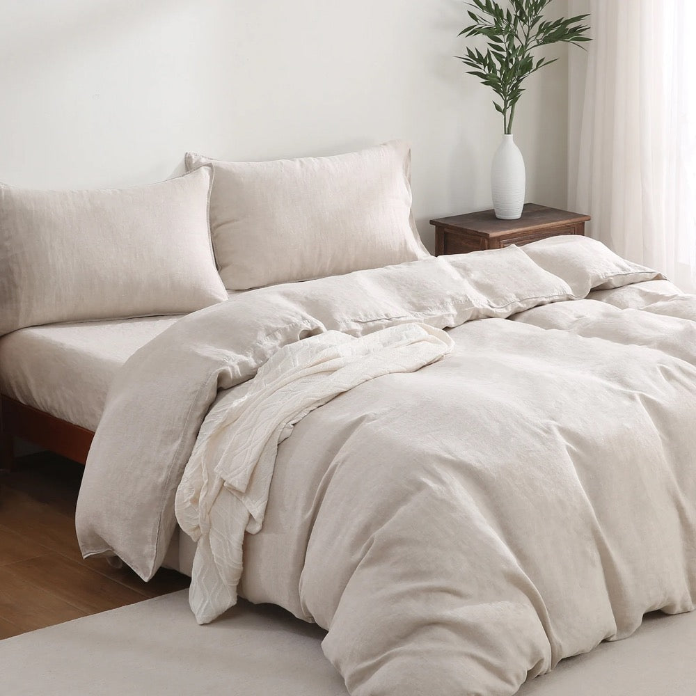 100% Linen Bedding 4 Pcs Set (1 Duvet Cover 1 Fitted Sheet 2 Pillowcases) - Soft, & Durable Washed