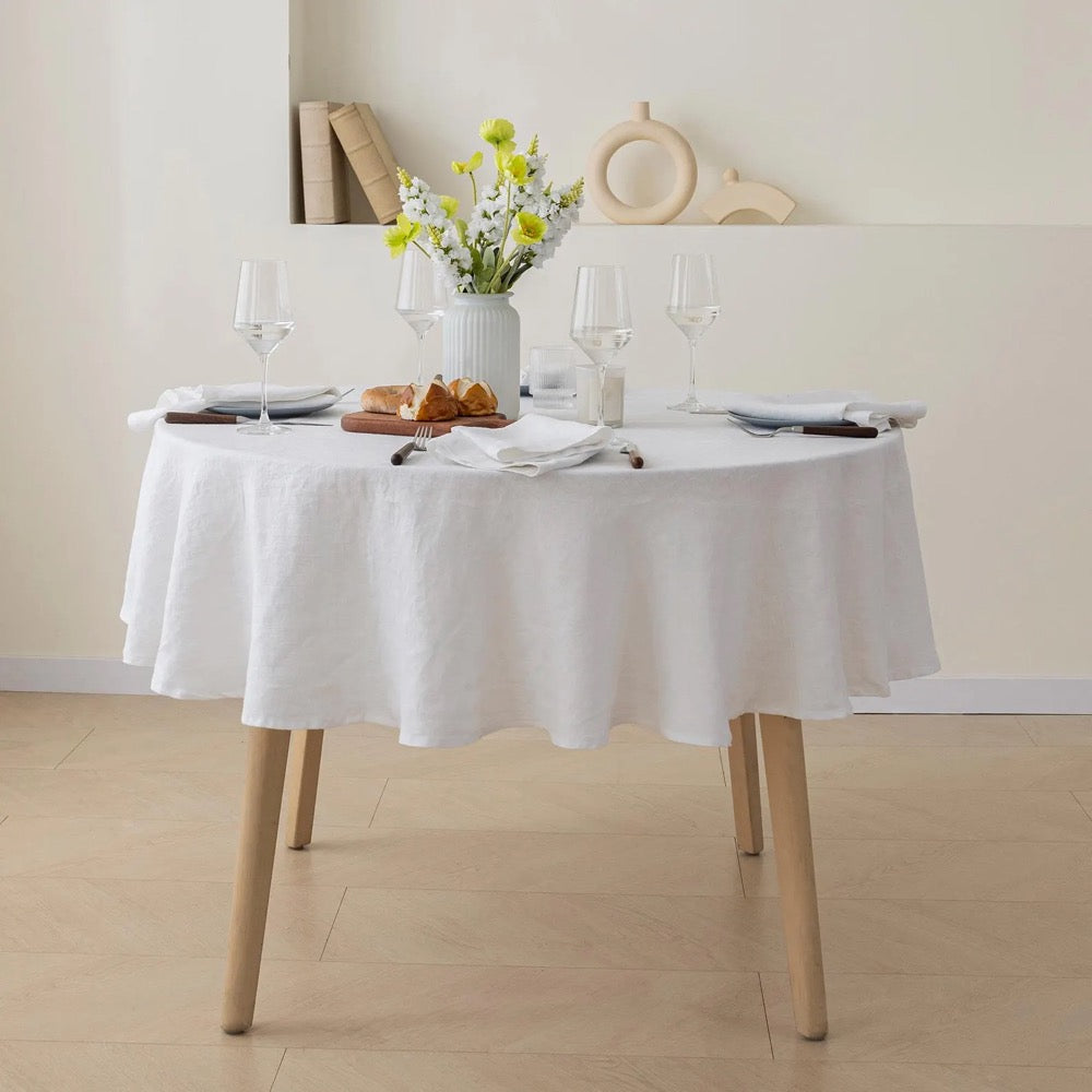 Round French Linen Tablecloth: Natural Stonewashed Flax, 90'' DIA