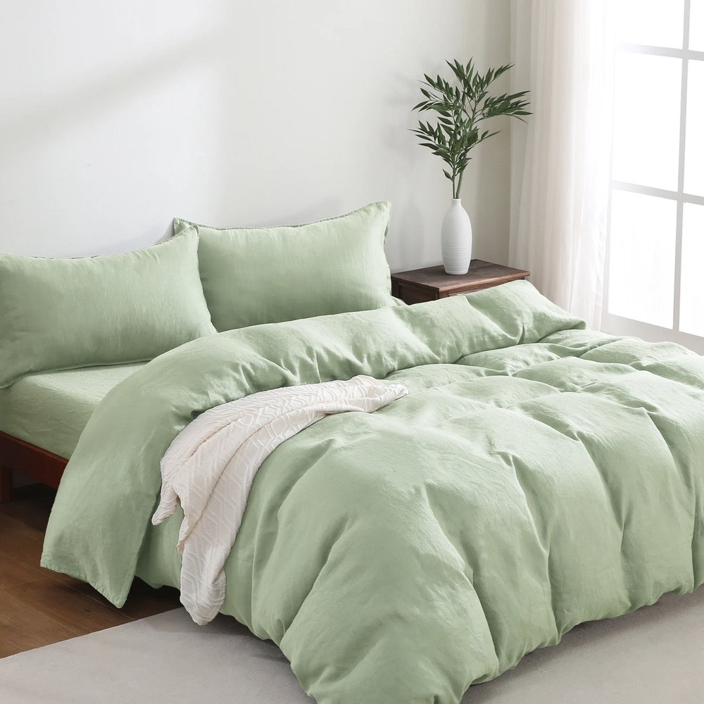 100% Linen Bedding 4 Pcs Set (1 Duvet Cover 1 Fitted Sheet 2 Pillowcases) - Soft, & Durable Washed