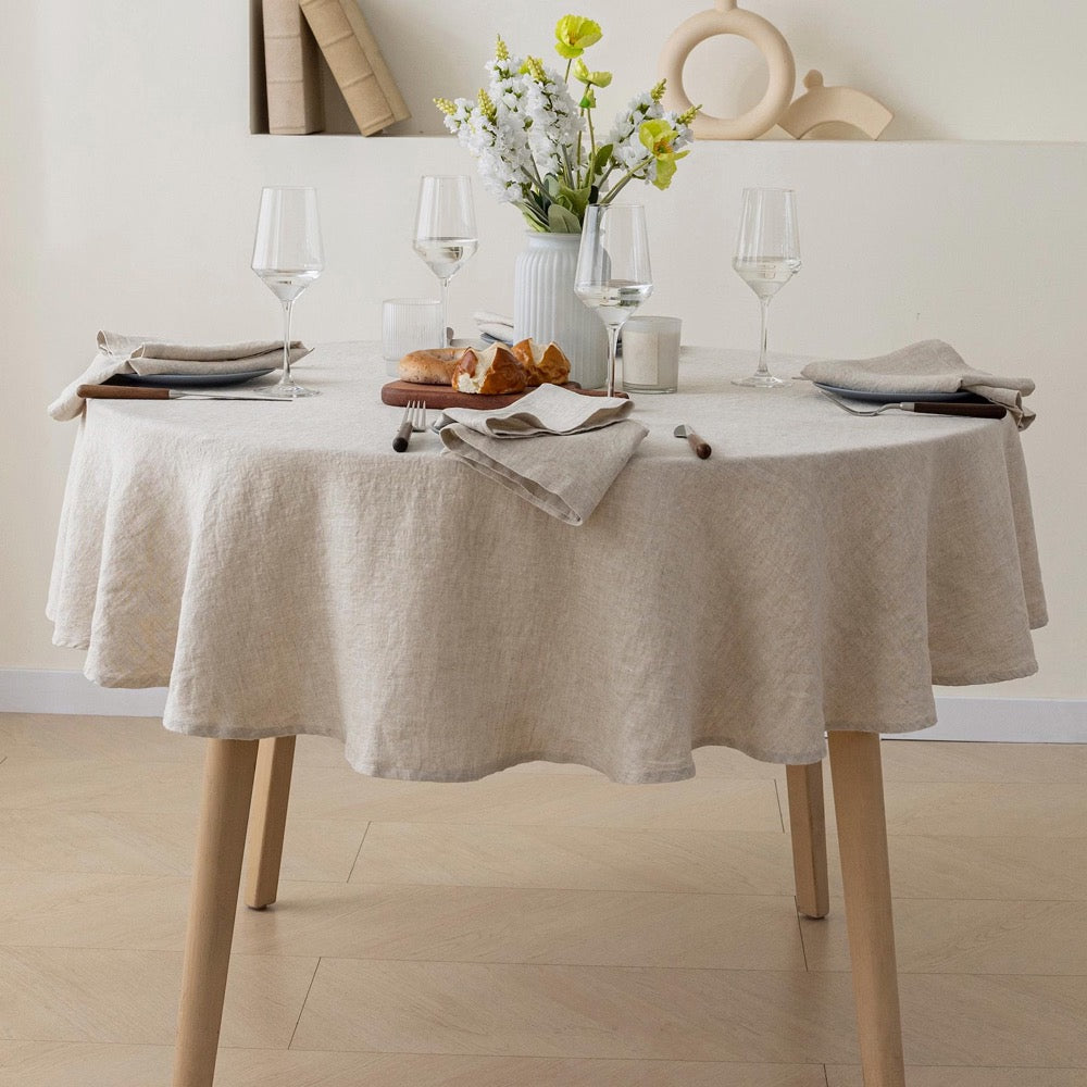 Round French Linen Tablecloth: Natural Stonewashed Flax, 90'' DIA