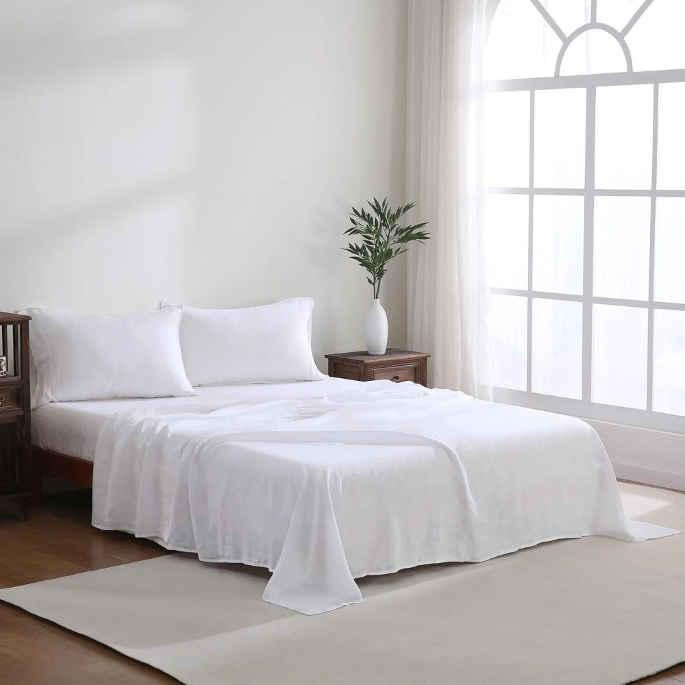 100% French Linen Bedding Sheets Set 4 Pieces (1 Fitted Sheet 1 Flat Sheet 2 Pillowcases) - Soft