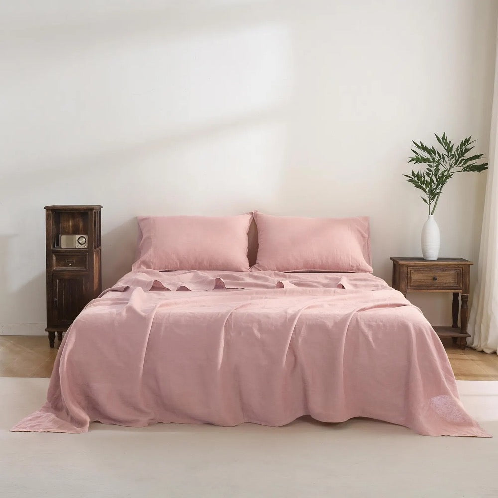 100% French Linen Bedding Sheets Set 4 Pieces (1 Fitted Sheet 1 Flat Sheet 2 Pillowcases) - Soft